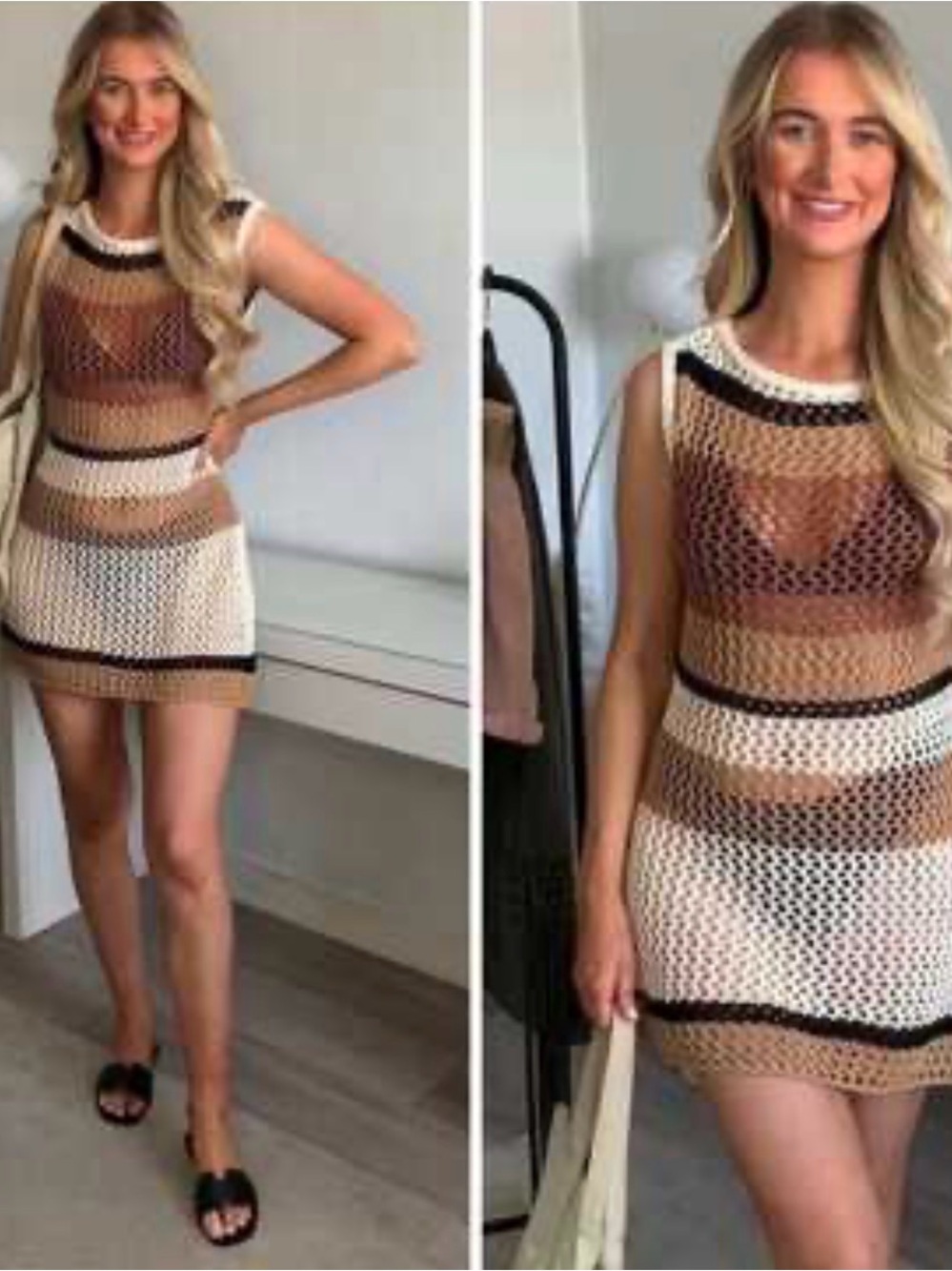 Zara Crochet Mini Dress in Cream, Tan & Black